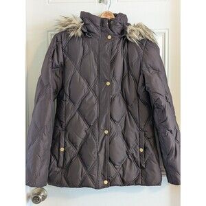 Ellen Tracy Down Puffer Long Winter Coat Brown Size S Faux Fur Hood